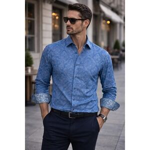 Robert Graham XL Blue Jacquard Floral Shirt Flip Cuff Paisley Buttoni